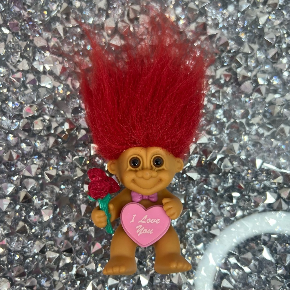Russ troll valentine’s I love you Brown Troll Doll with Red Hair and Pink Heart